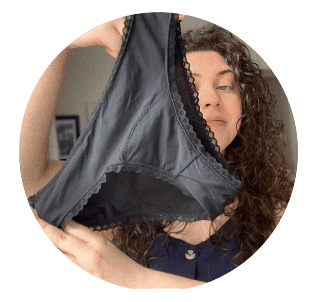 Customer showing black cotton period underwear with lace trim - Cyklee user review March 2025